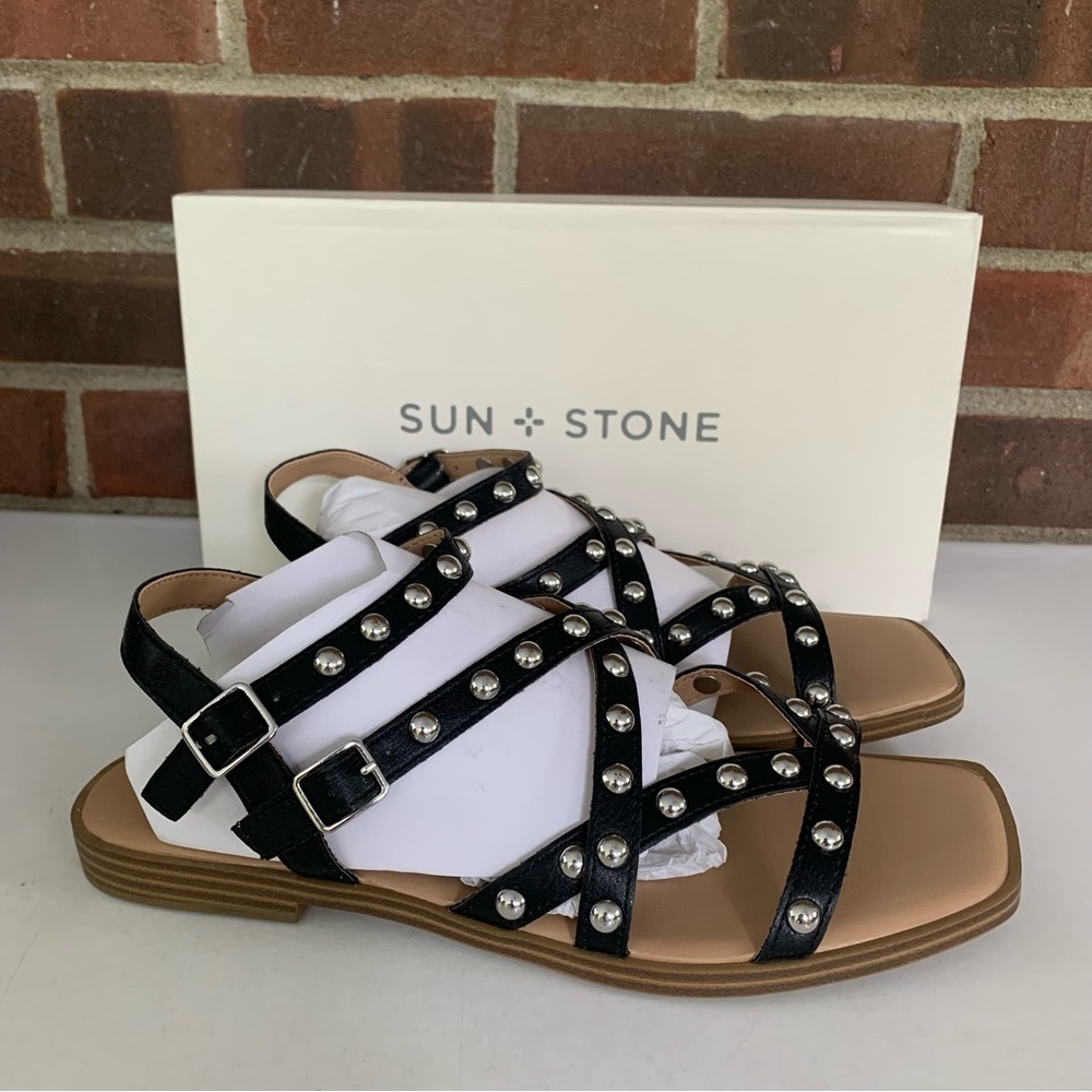 Sun + Stone Womens Black Faux Leather Studded Gladiator Sandals Shoes US 9 M NEW